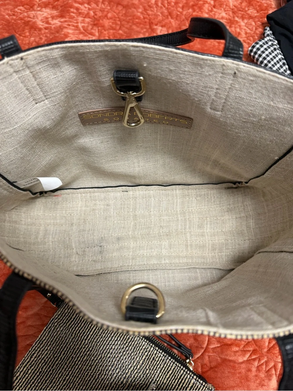 Sondra Roberts Black and Tan Striped Tote with Removable Pouch
